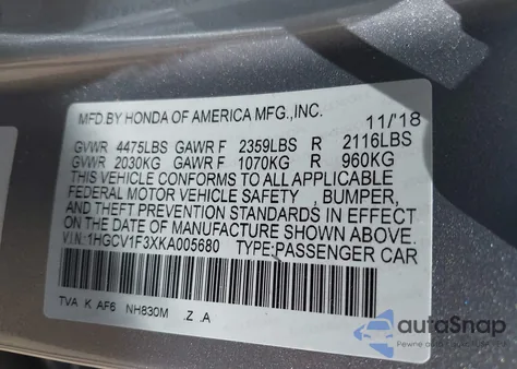 2019 Honda Accord Sport z USA, uszkodzony, nr VIN 1HGCV1F3XKA005680